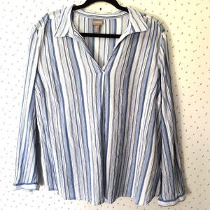 Chicos Top Size 3 (XL) Blue White Silver Striped Tunic Gauzy Coastal *Sm spot*